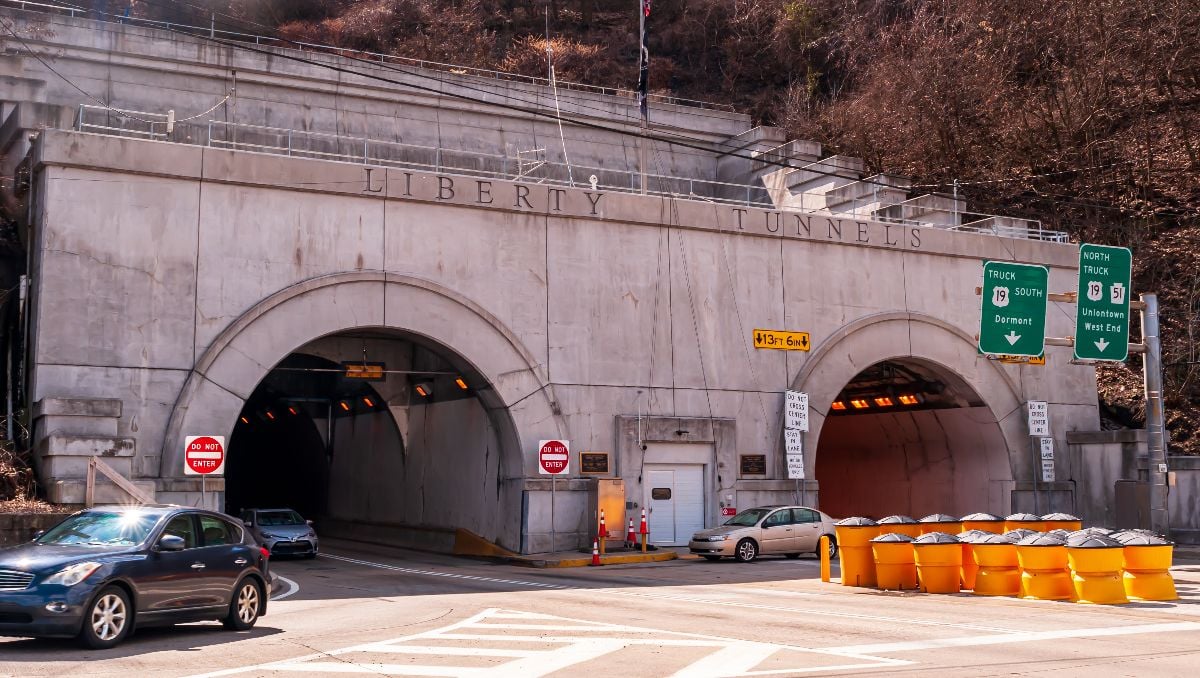 The north side of the Liberty Tunnels that connects the south suburbs of Pittsburgh to the downtown area