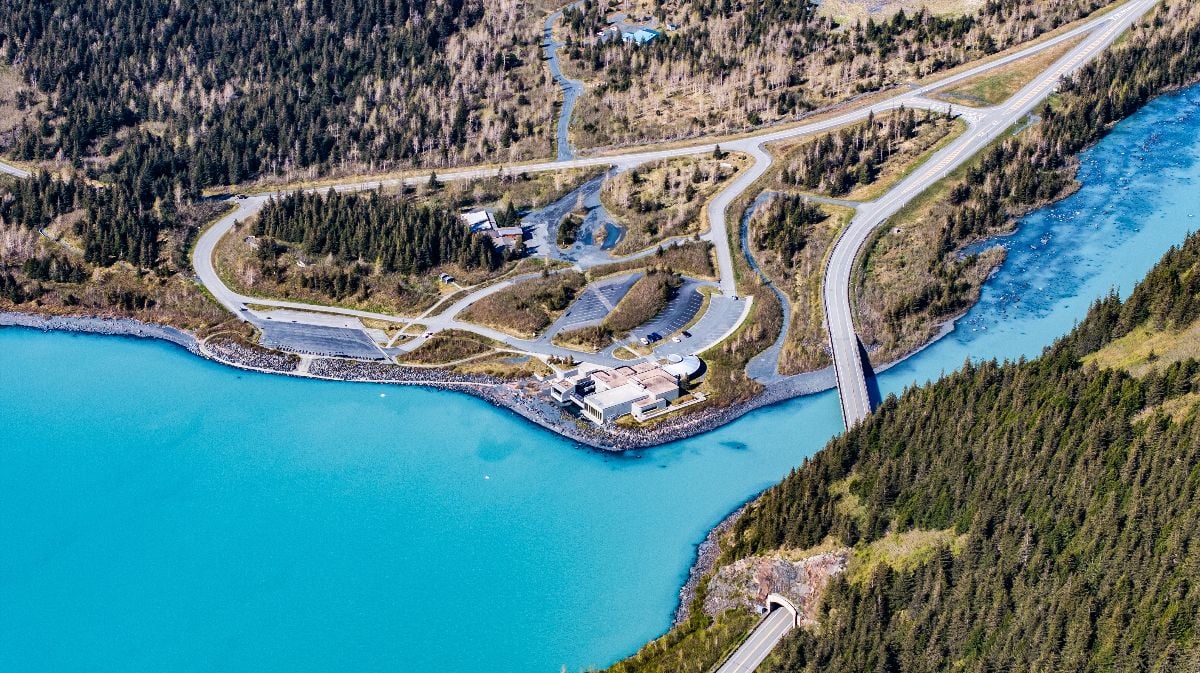 Aerial landscape view of area around the end of Portage Lake.