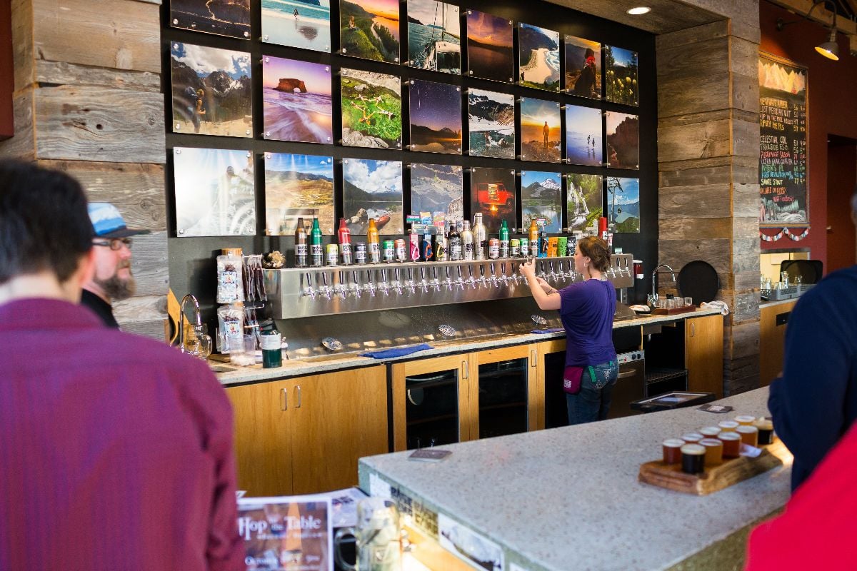 Bar and tap handles at Basecamp Brewing Company.