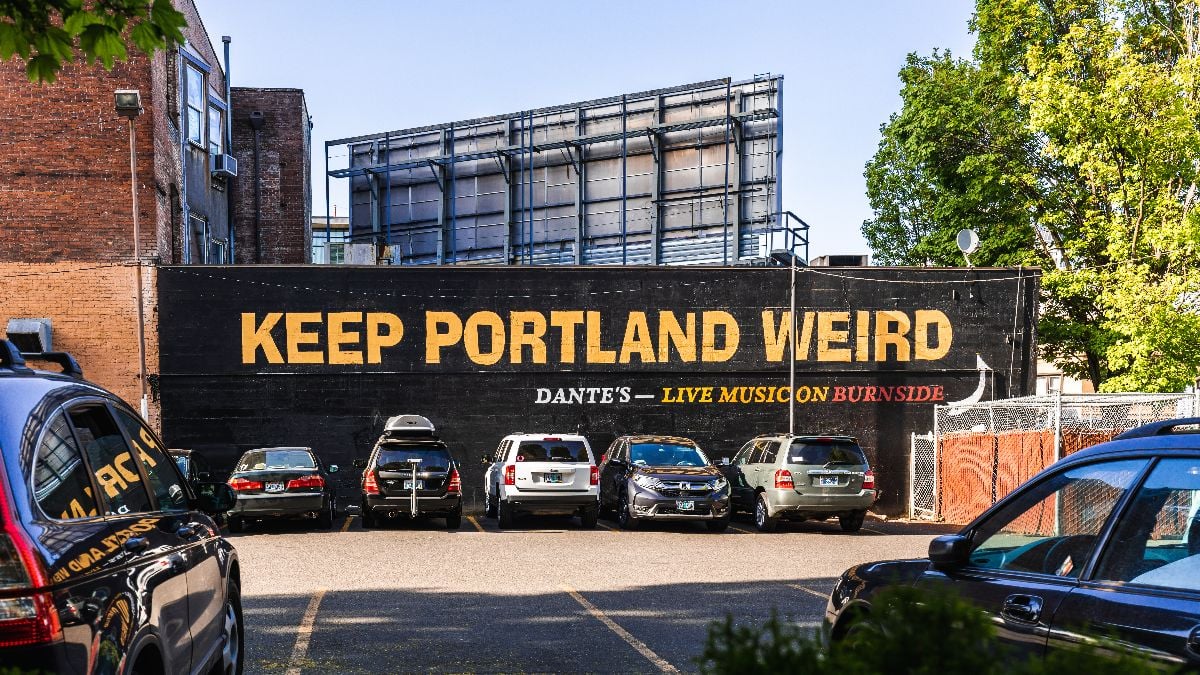 Keep Portland Weird writing in the old town of Portland.