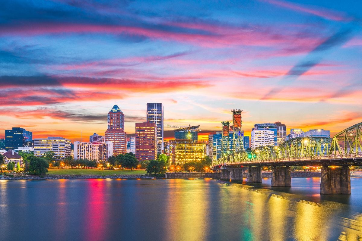 Portland, Oregon skyline at dusk on the Willamette River.