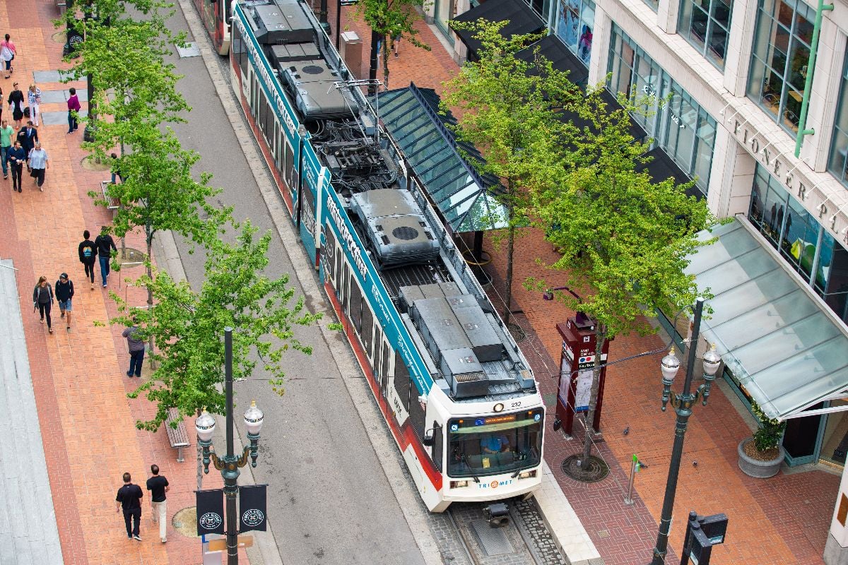 Trimet train arriving to the station in downtown.