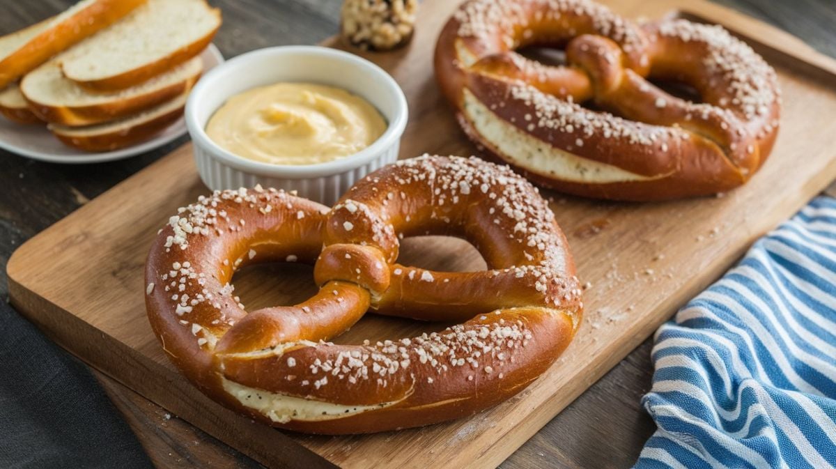 Soft pretzel with a dip on the side.