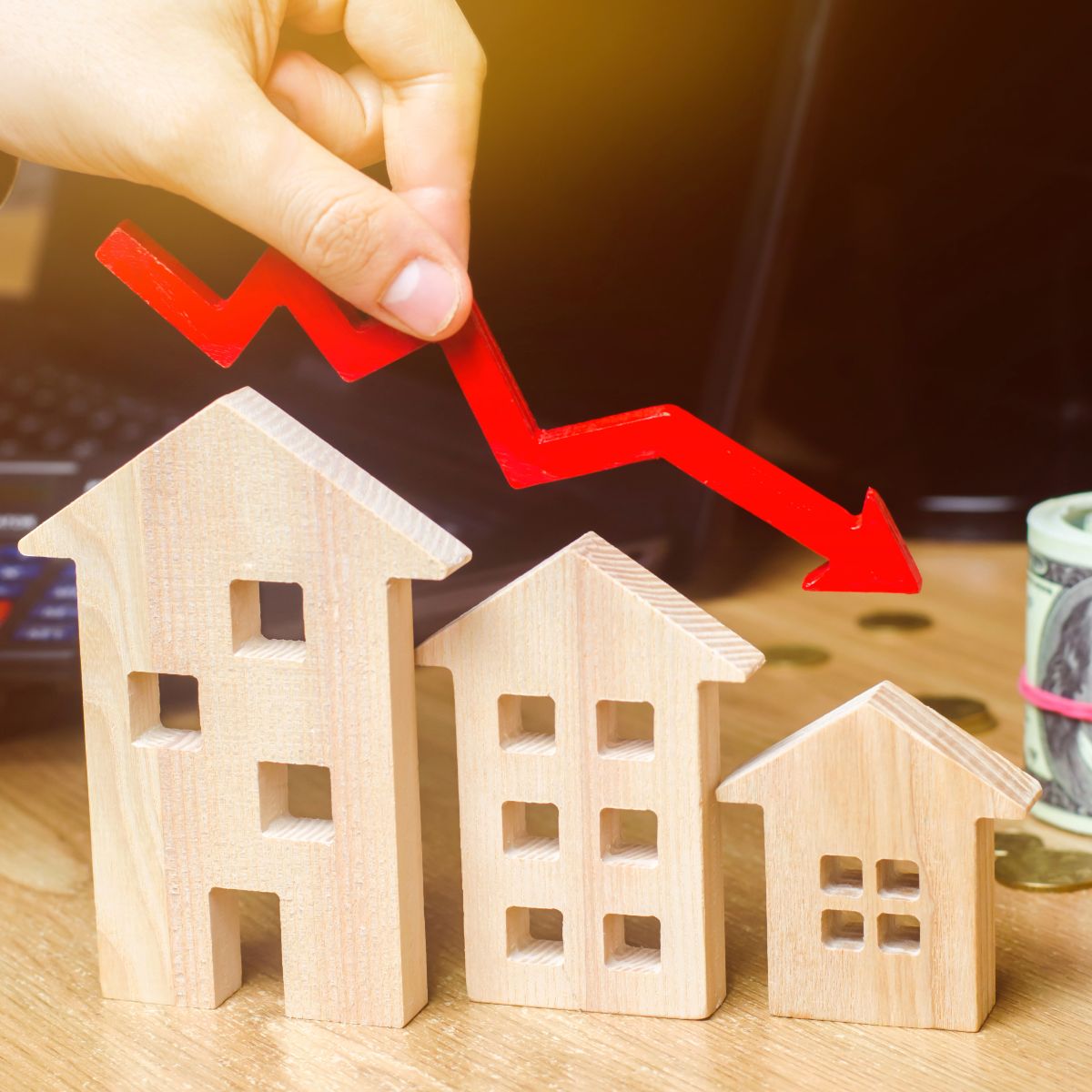 Hand with red arrow over miniature houses.