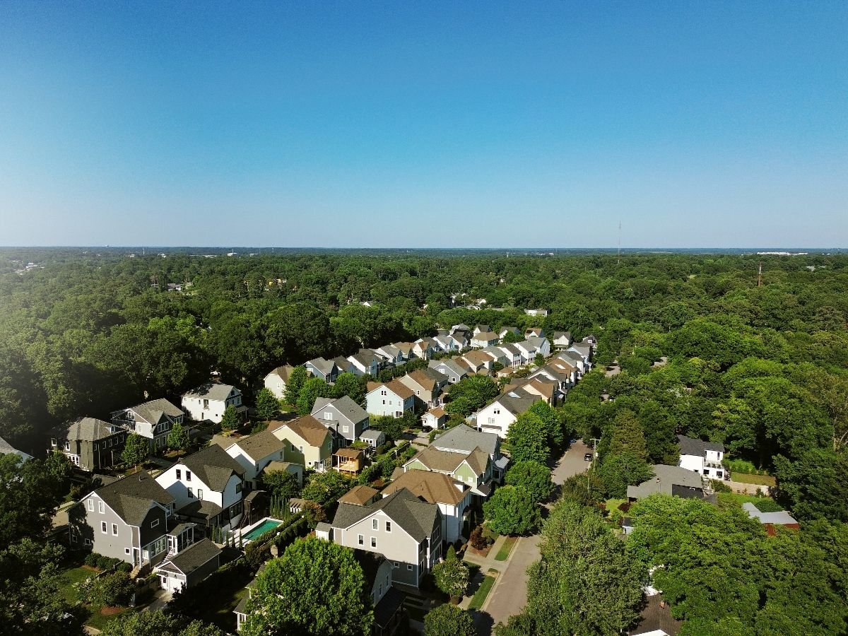 Aerial view of new homes in a housing development in Raleigh North Carolina.