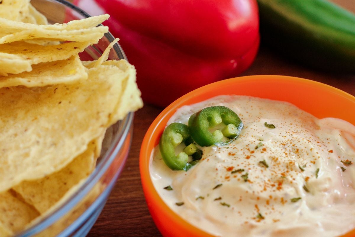 Jalapeno ranch dip with tortilla chips.