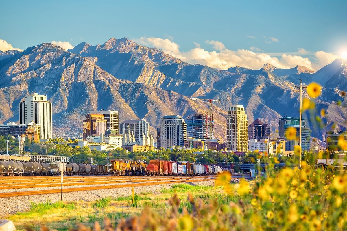 Downtown Salt Lake City cityscape at sunset.