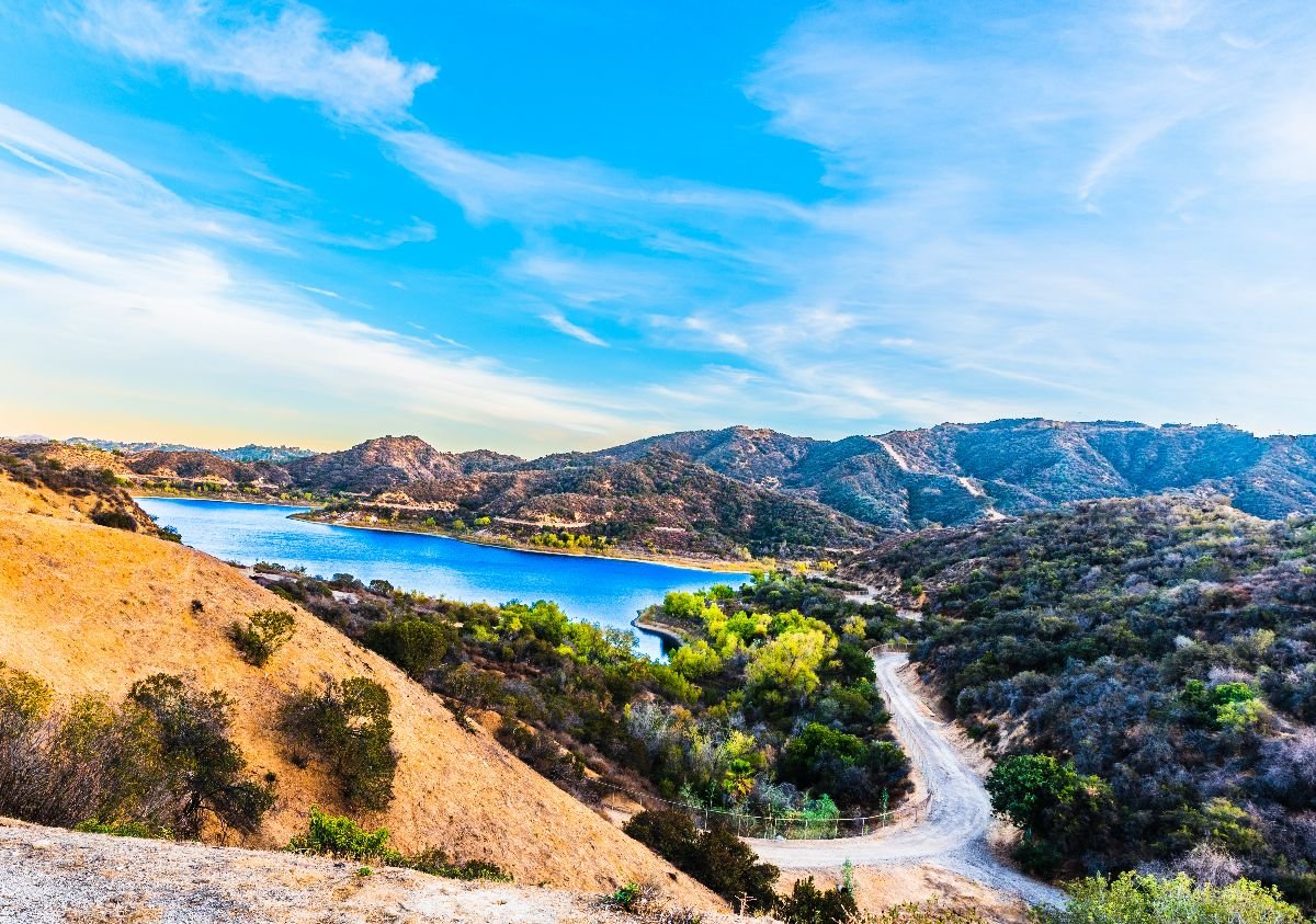 View of the Encino Reservoir and the San Vicente Mountain, Los Angeles county, California. 