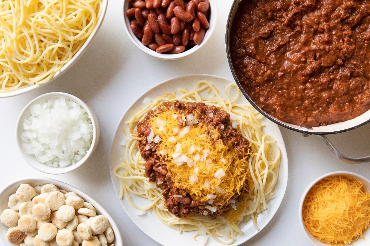 Skyline-Style Chili over spaghetti 