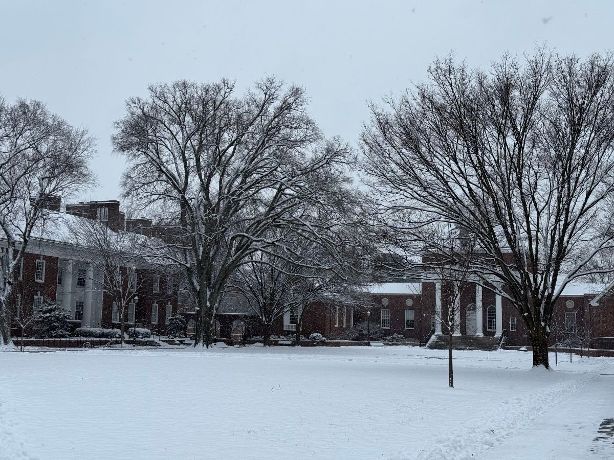 Snowy day on a college campus.
