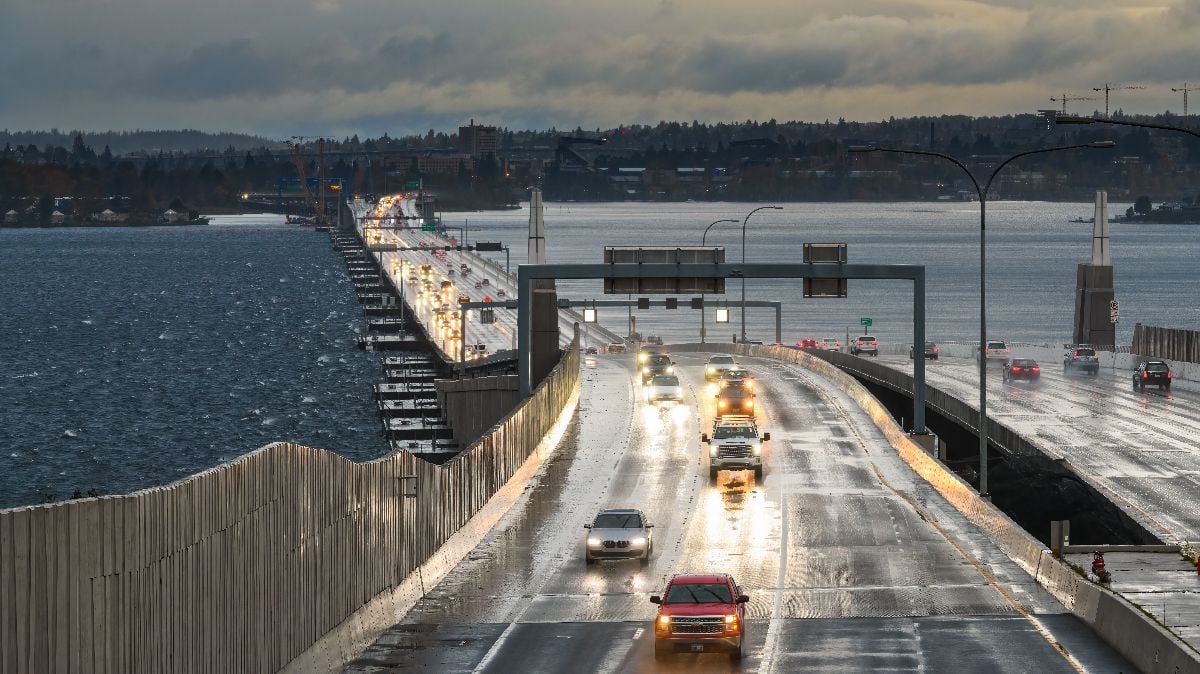 Traffic crosses the highway 520 between Seattle and the eastern suburbs on a wet and blustery day.