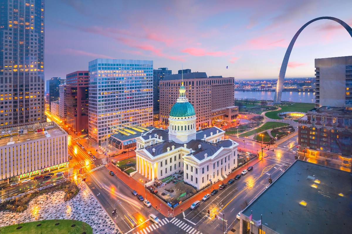 St. Louis downtown skyline at twilight from top view.