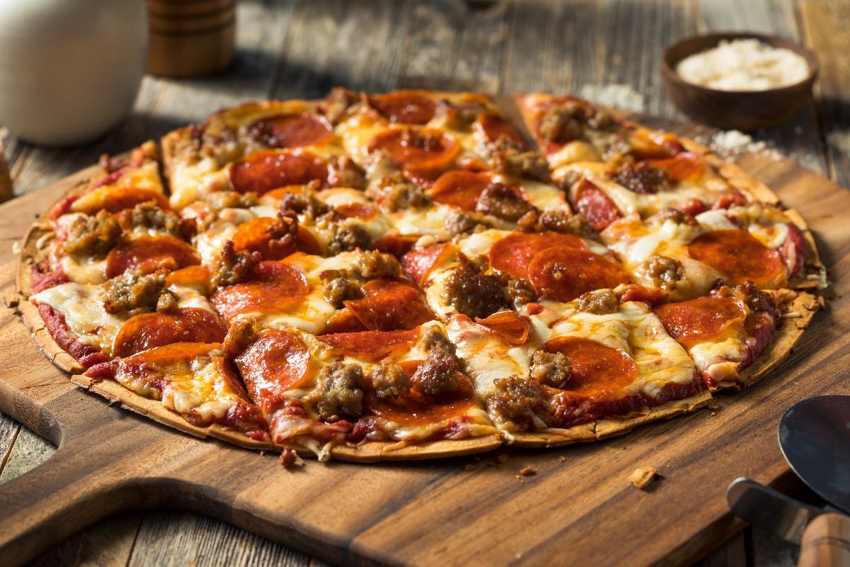 Homemade St Louis style pepperoni pizza with cheese.