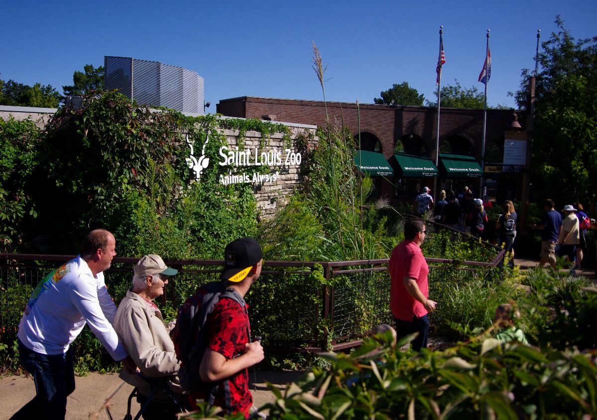 Visitors enter south entrance of St. Louis Zoo.
