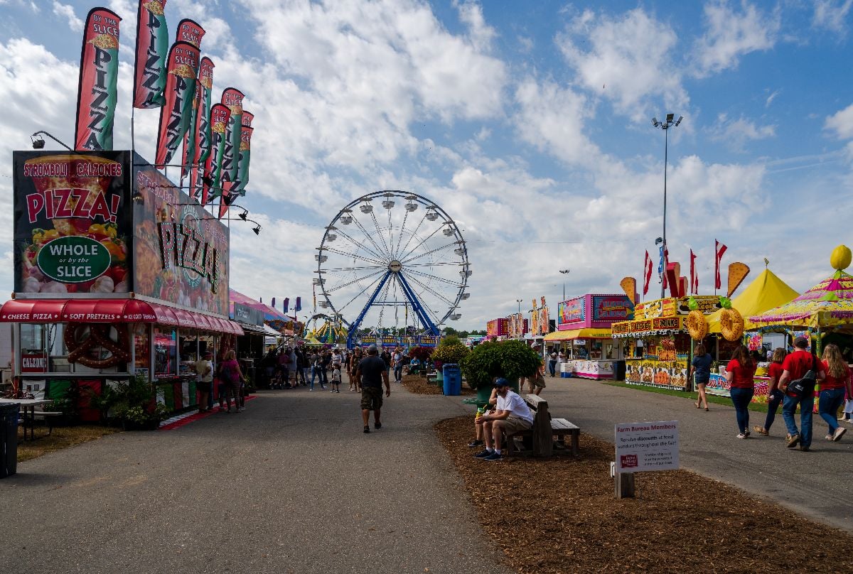 Virginia State fairgrounds with a large ferris wheel.