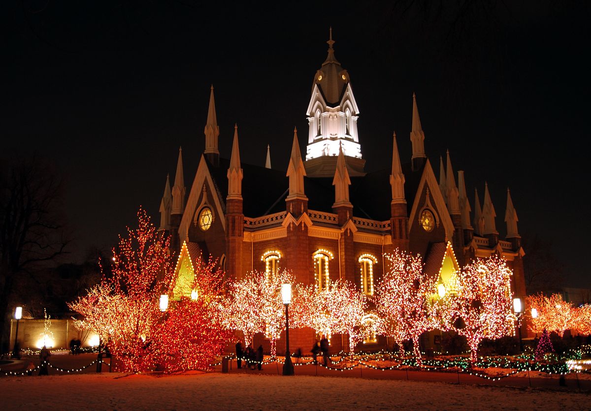 Temple Square Salt Lake City illuminated by Christmas lights.