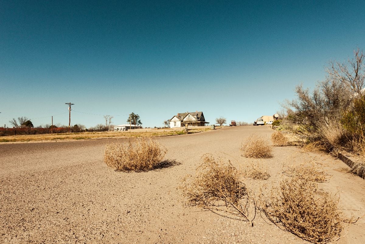 Tumbleweeds on the road by an old house in a neighbourhood of Marfa Texas.