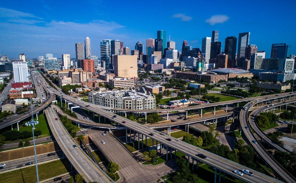 Houston, Texas aerial drone view across interstate.
