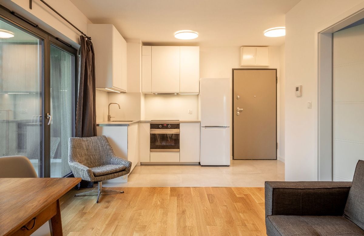 Interior of a modern micro apartment with living room and kitchenette.