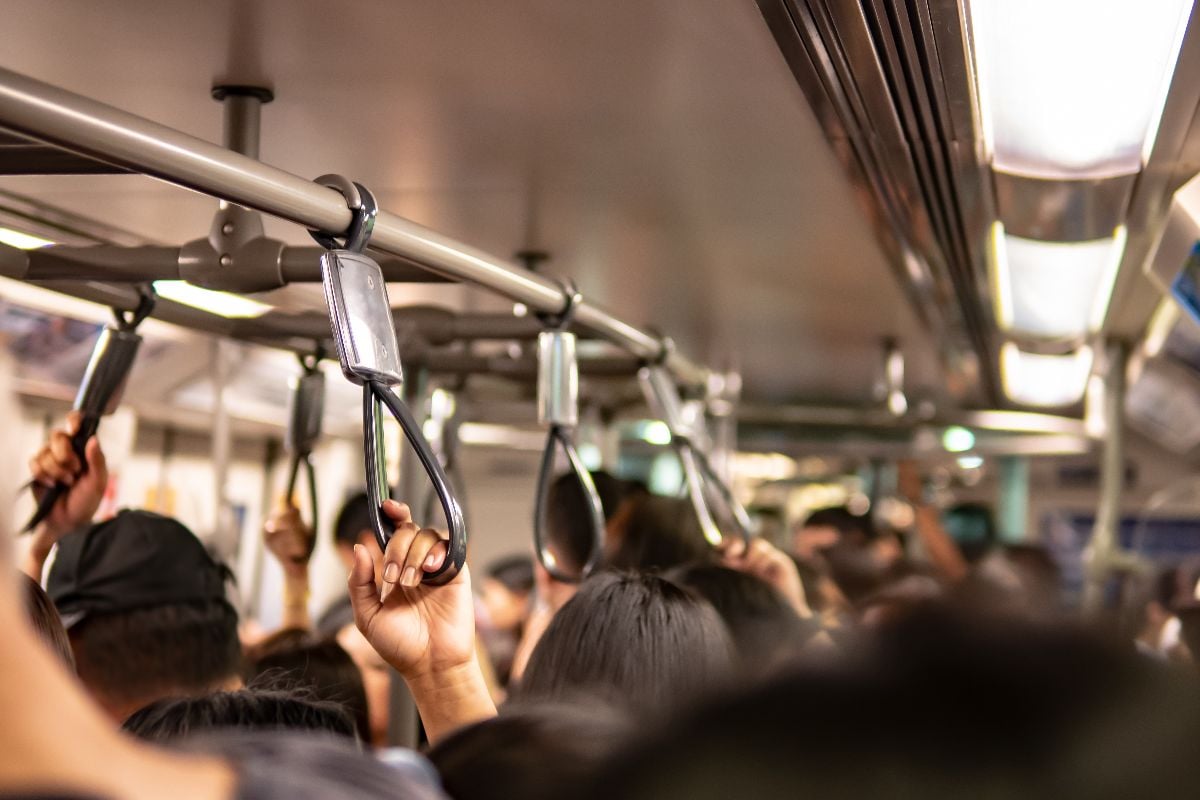 Crowd inside the train in rush hour.