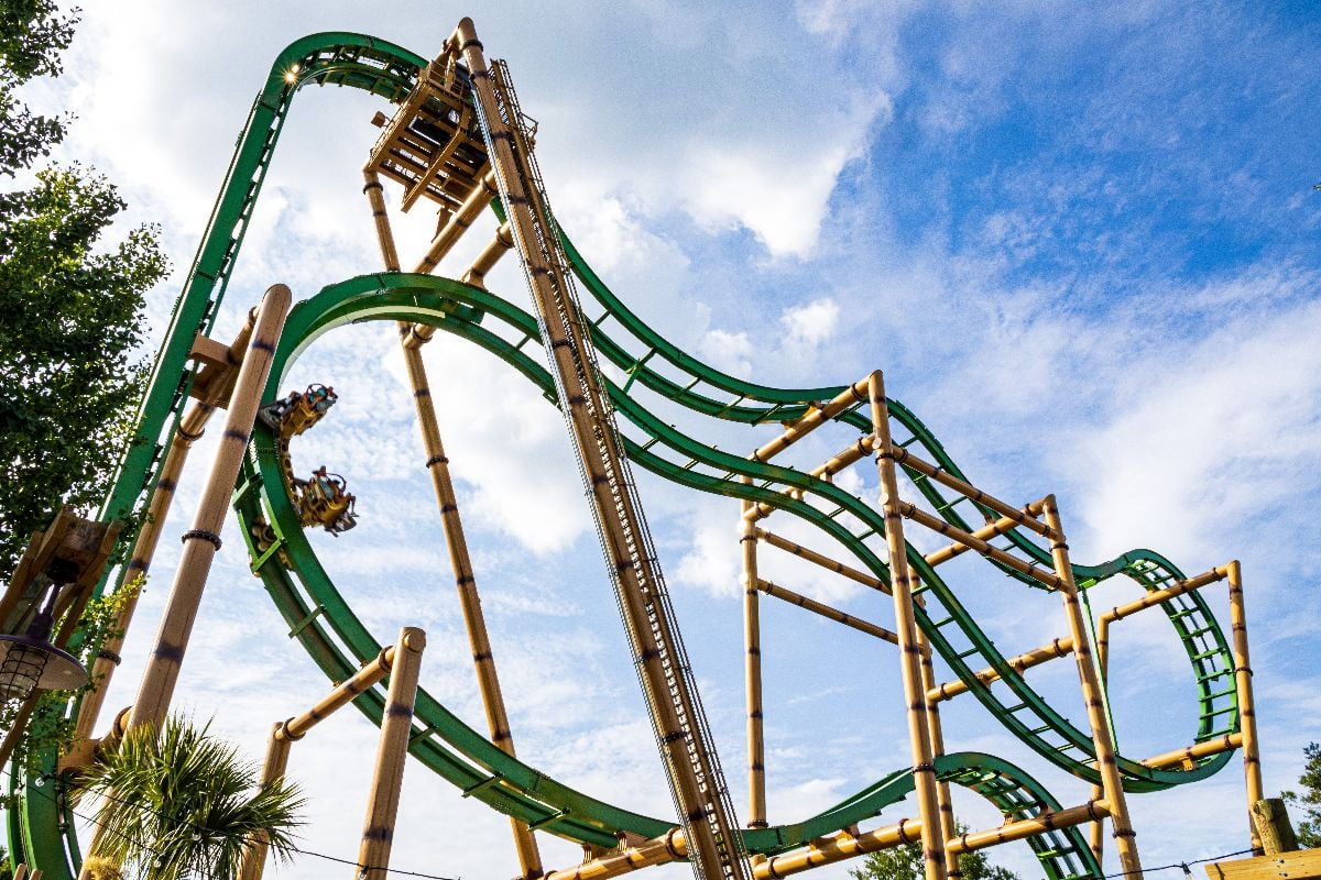 A closeup shot of tumbili roller coaster at Kings Dominion.
