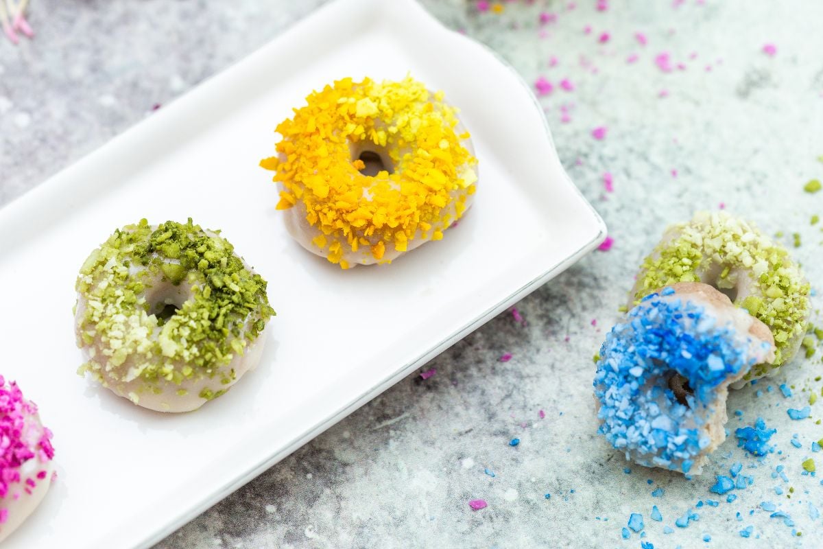 A closeup shot of vegan donuts.