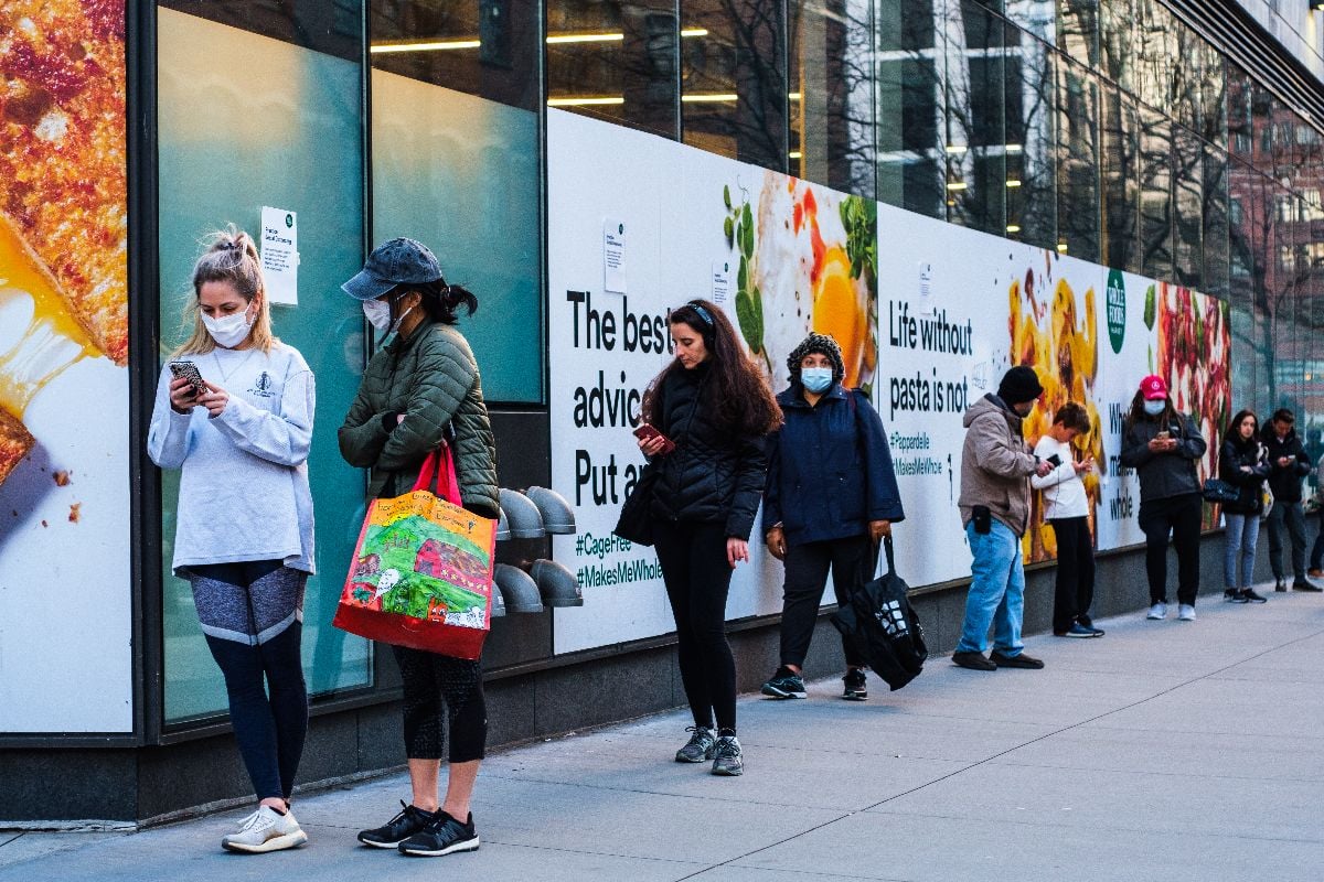 A long line outside of Whole Foods in Tribeca, New York