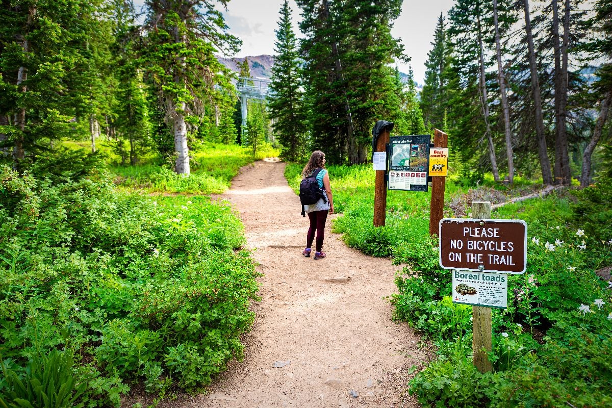 Summer in Wasatch mountains with woman hiking, looking at information signpost.