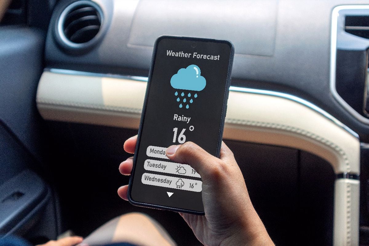 Woman checking weather app on her phone inside the car.
