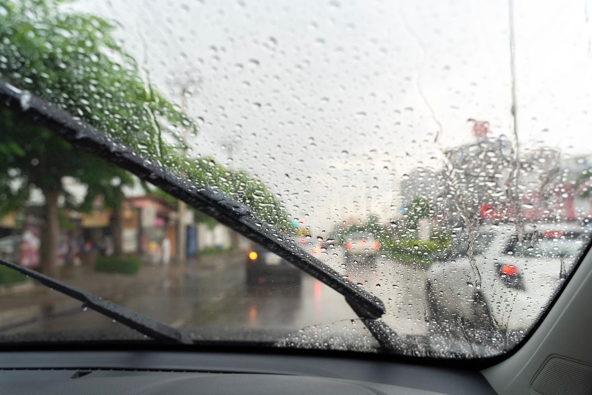 Car windshield with raindrops