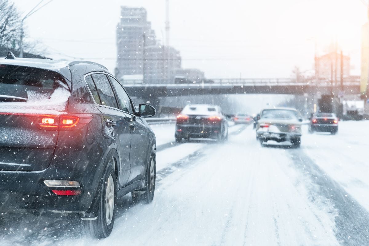 Cars moving fast speed motion during winter.