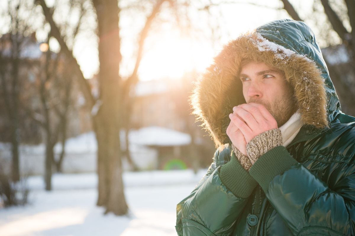 Man in winter outfit outdoors.