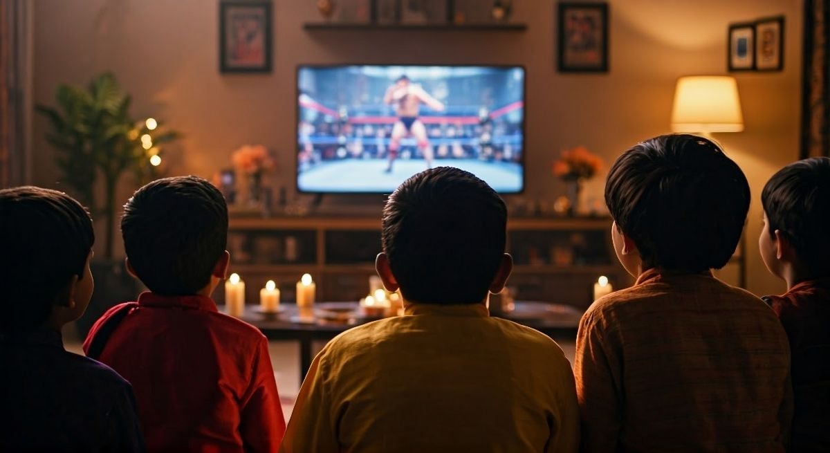 Kids watching wrestling in TV.