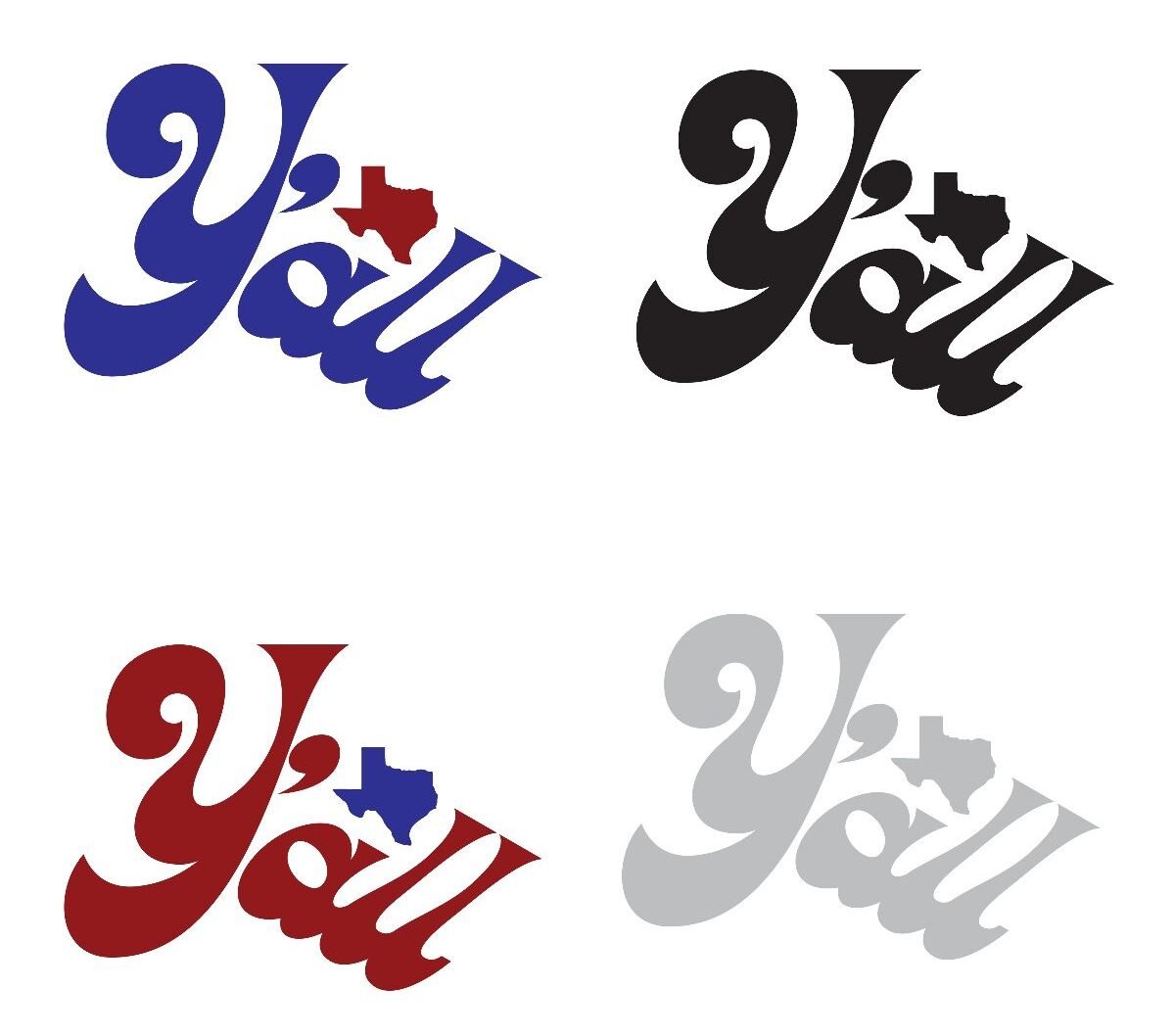 Y'all with State of Texas map in red black blue and grey on white background.