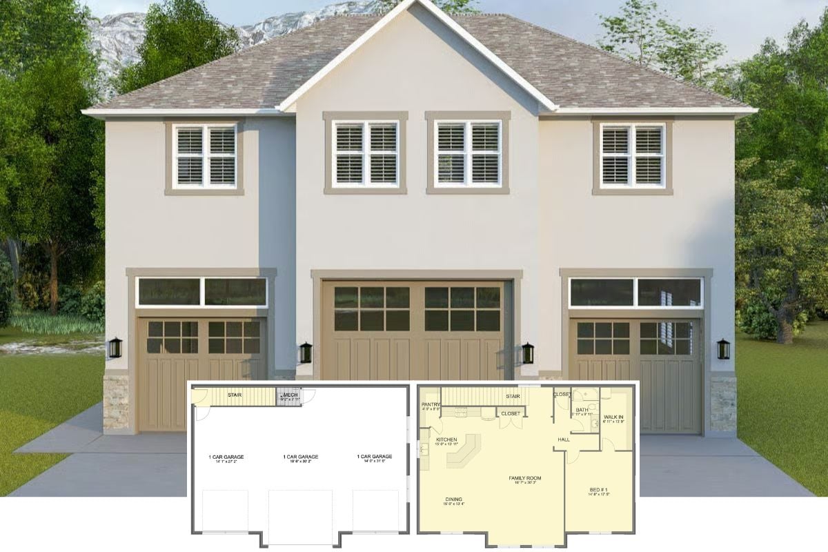 Traditional 1-Bedroom Carriage Home with 3-Car Bay and Open-Concept Living (Floor Plan)