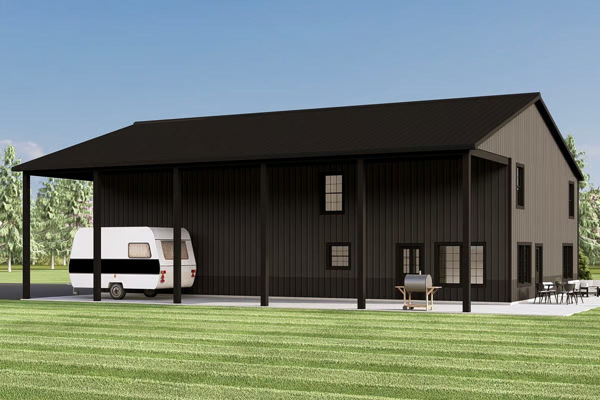 Modern 4-Bedroom Barndominium with 3-Car Garage and Large Covered Porch (Floor Plan)