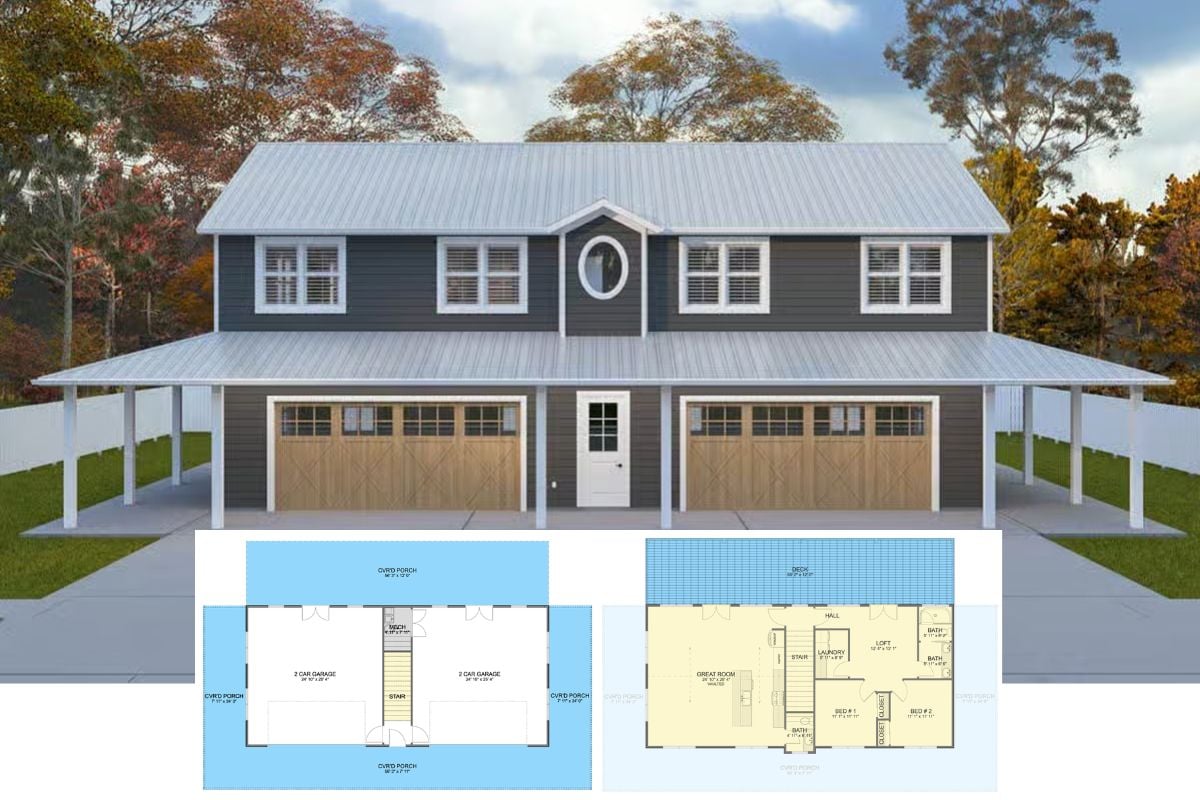 2-Bedroom Carriage Home with Loft and Wraparound Porch (Floor Plan)