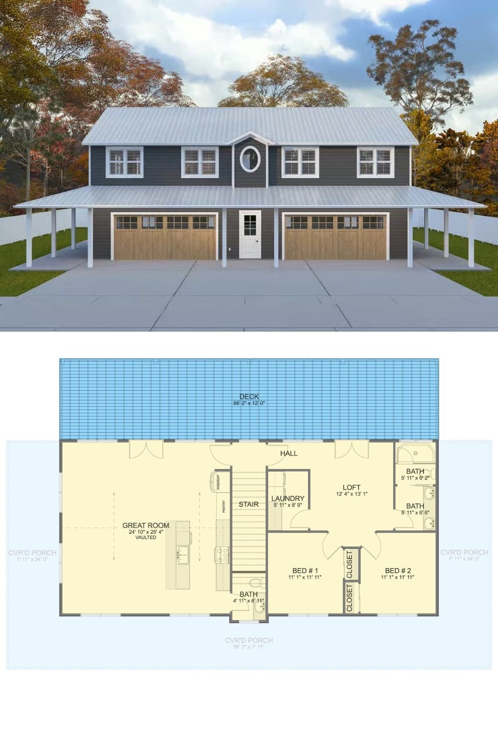 2-Bedroom Carriage Home with Loft and Wraparound Porch (Floor Plan)