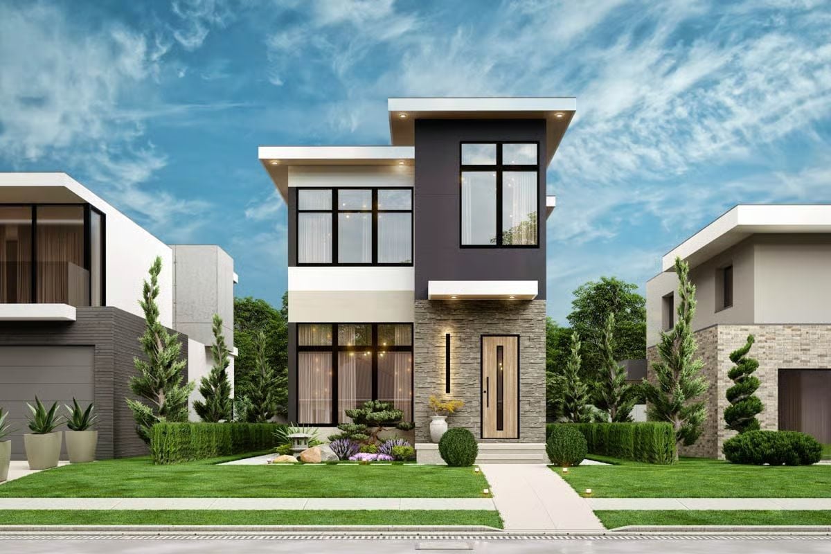 Contemporary-Style 3-Bedroom Home for a Narrow Lot with Balcony (Floor Plan)