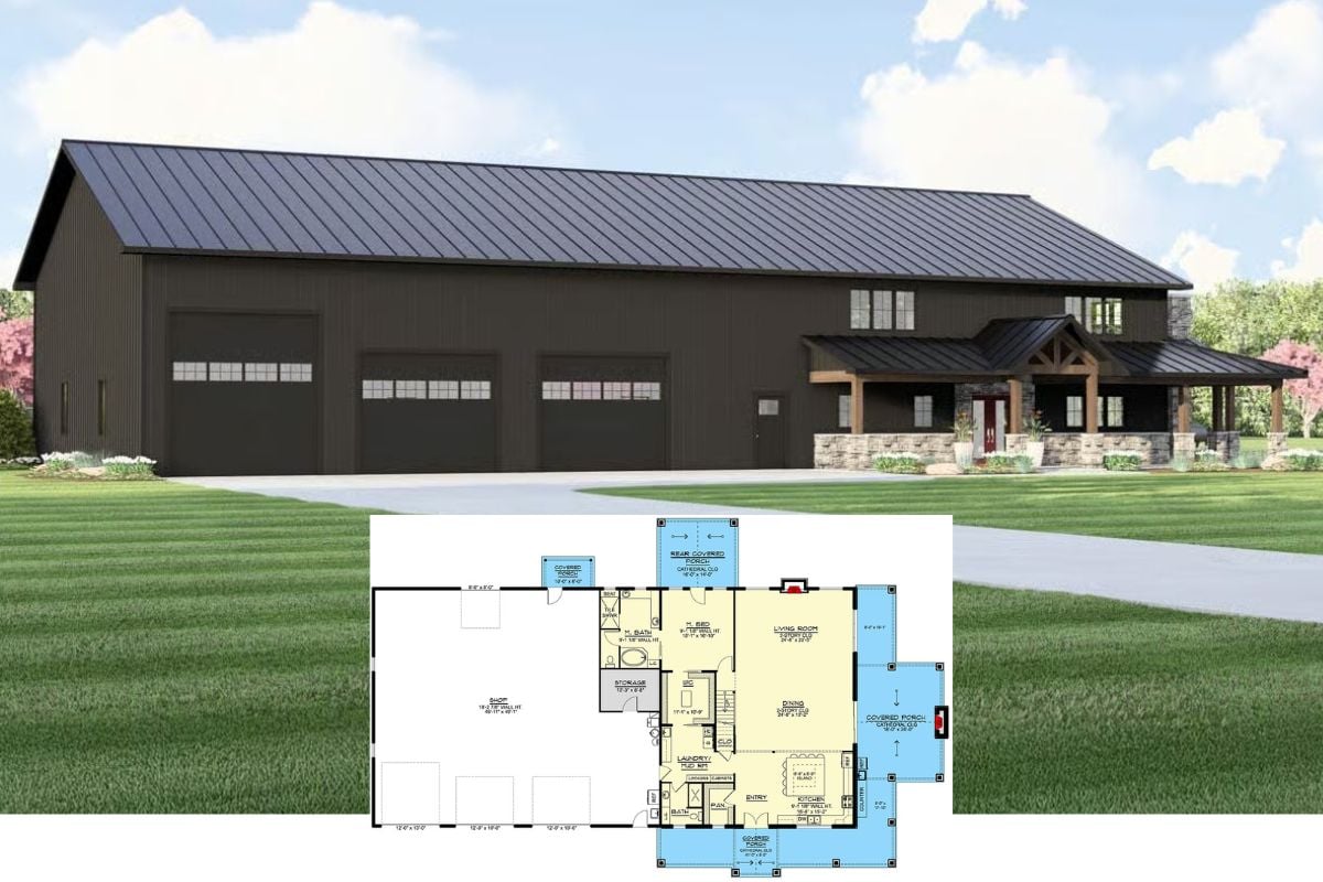 3-Bedroom Barndominium with Wraparound Porch and Loft (Floor Plan)