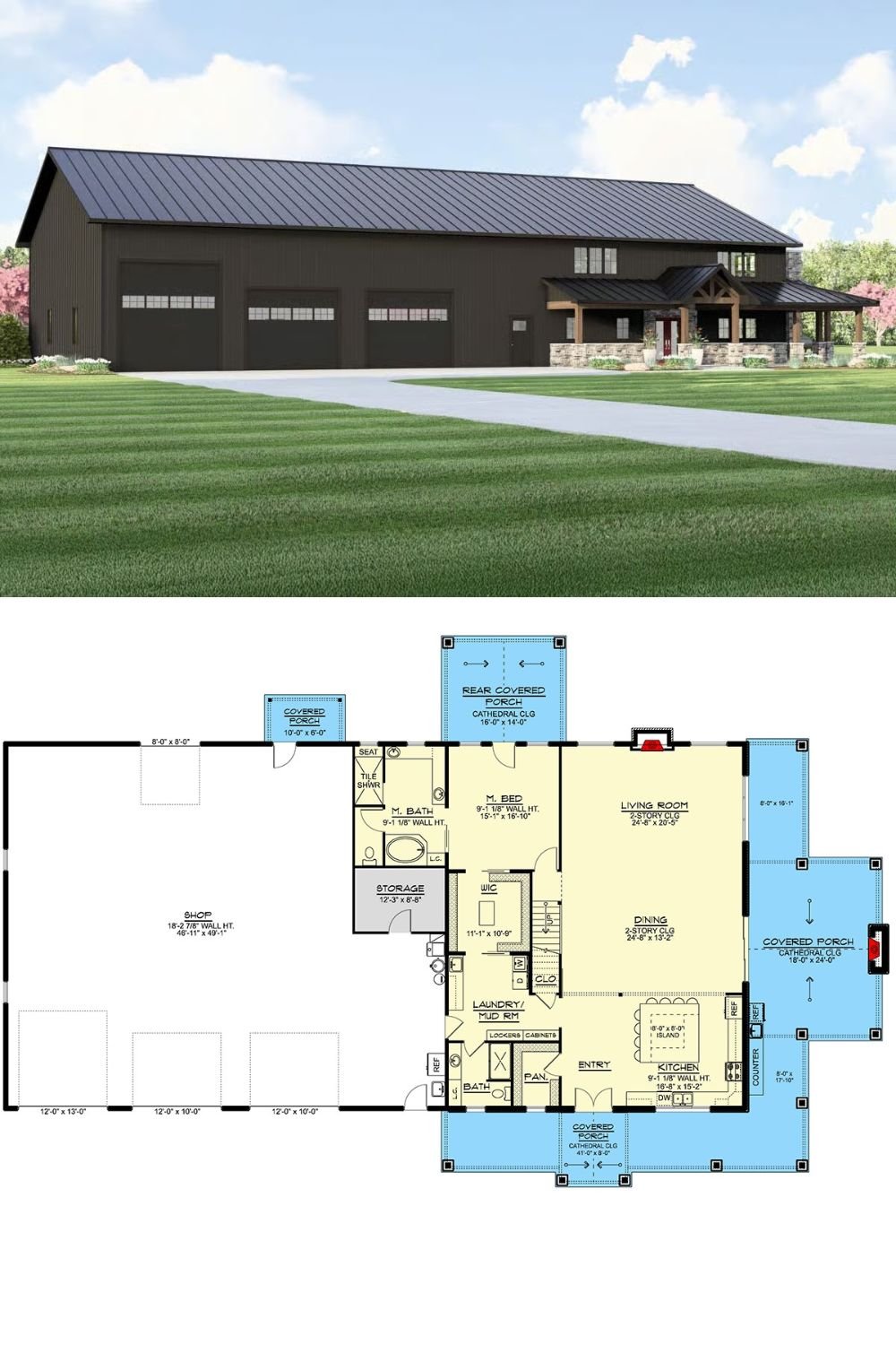 3-Bedroom Barndominium with Wraparound Porch and Loft (Floor Plan)