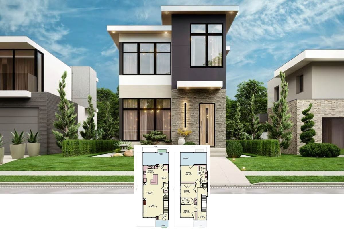 Contemporary-Style 3-Bedroom Home for a Narrow Lot with Balcony (Floor Plan)