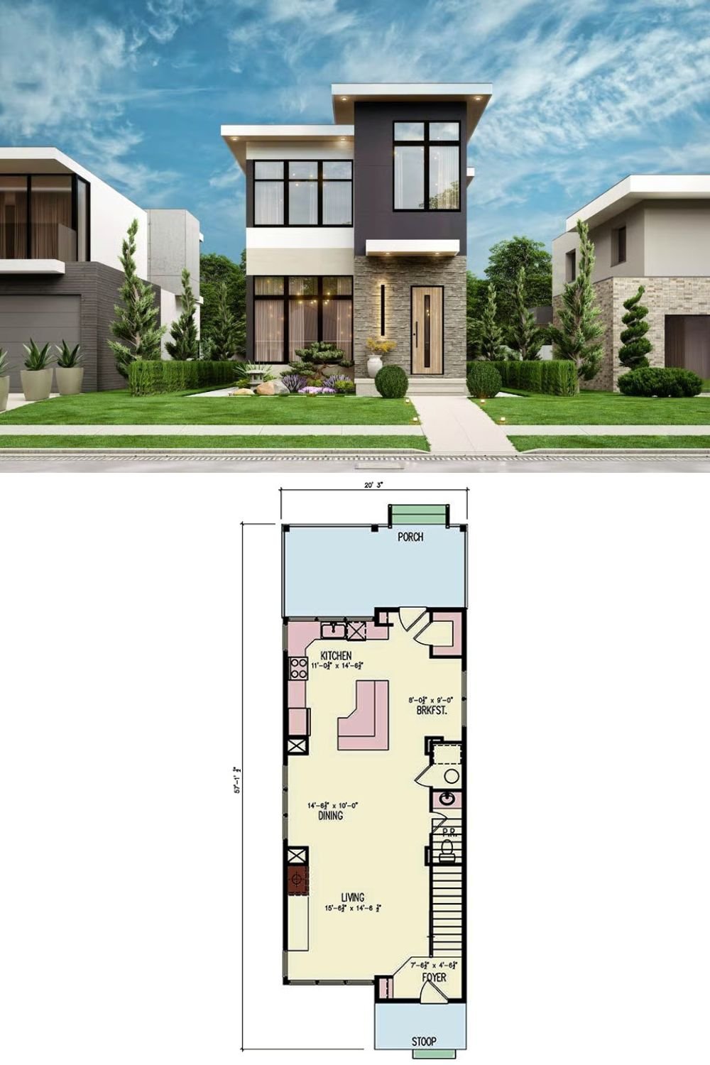 Contemporary-Style 3-Bedroom Home for a Narrow Lot with Balcony (Floor Plan)