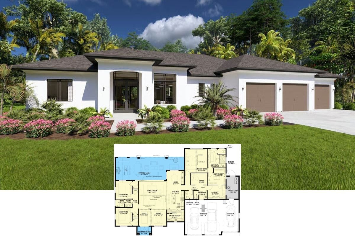 Contemporary 3-Bedroom Mediterranean Home with 3-Car Garage and Expansive Lanai (Floor Plan)