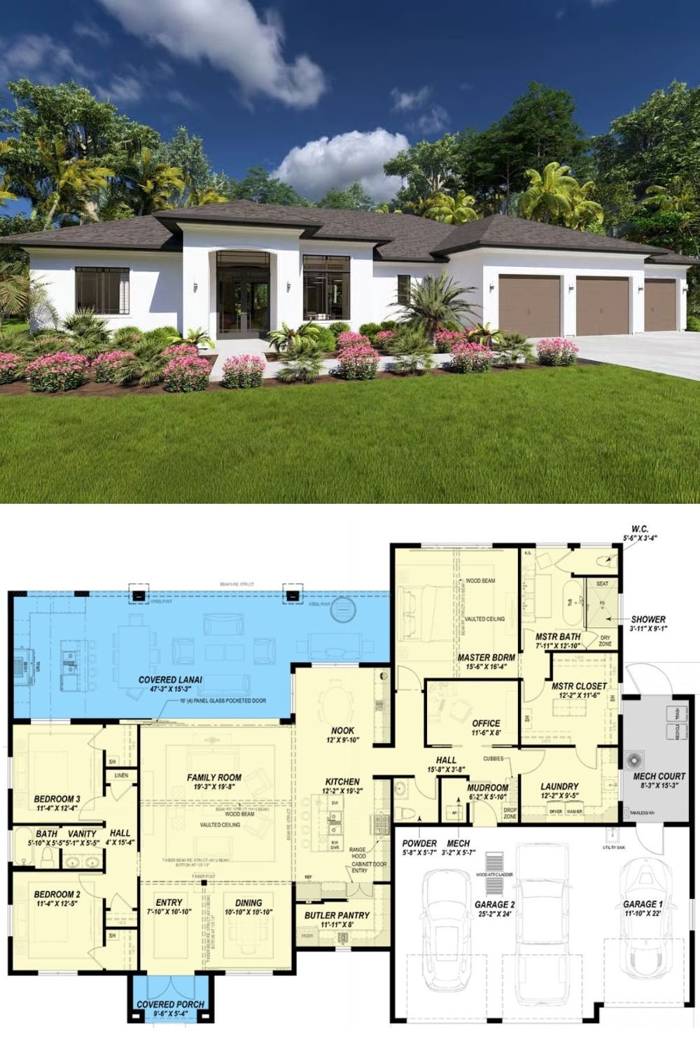 Contemporary 3-Bedroom Mediterranean Home with 3-Car Garage and Expansive Lanai (Floor Plan)