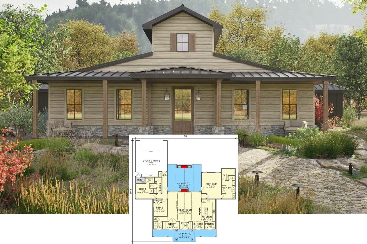 Country-Style 3-Bedroom Barn House with Covered Patio and Rear-Entry Garage (Floor Plan)