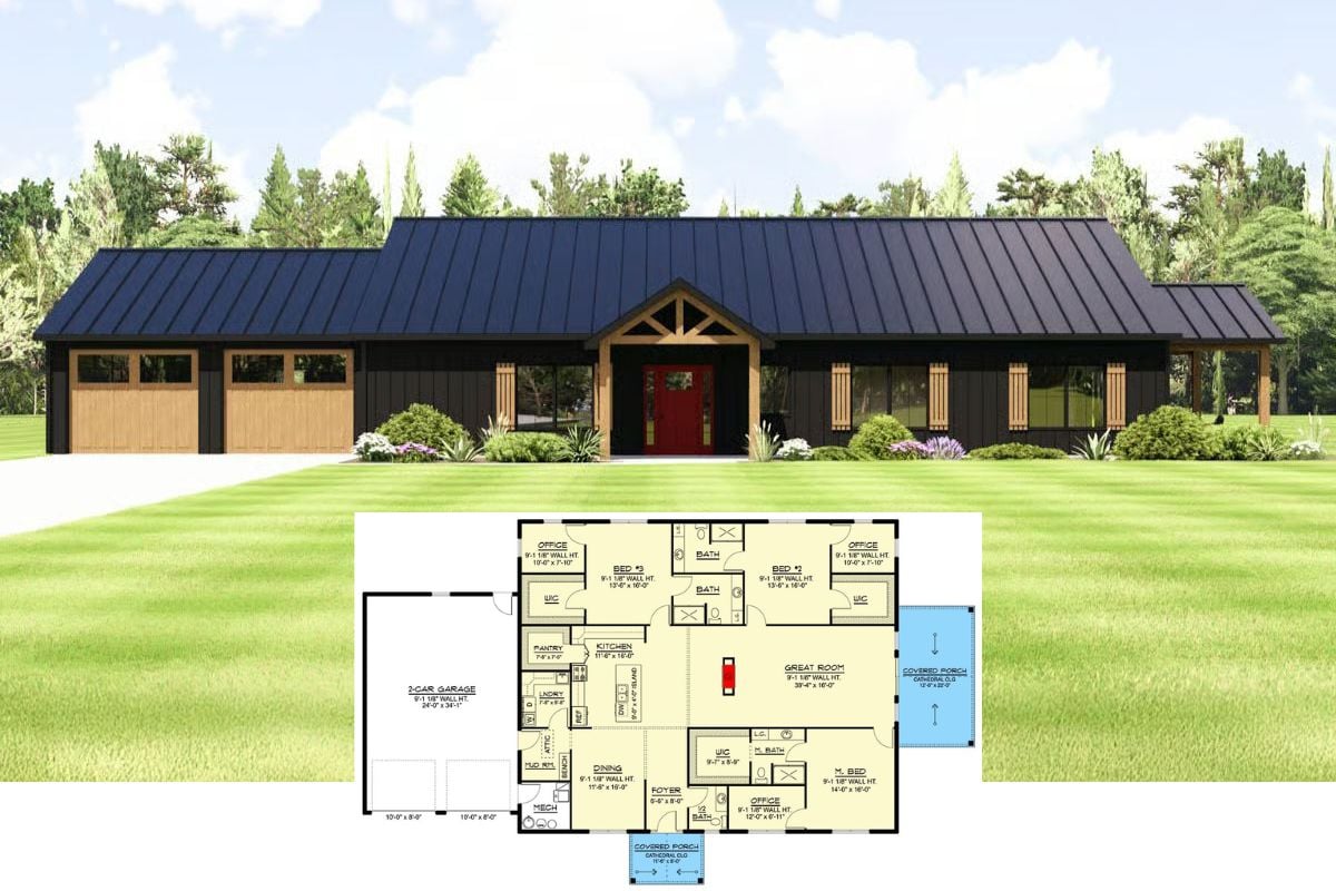 3-Bedroom Modern Barndominium with Open Living Space and Double Garage (Floor Plan)