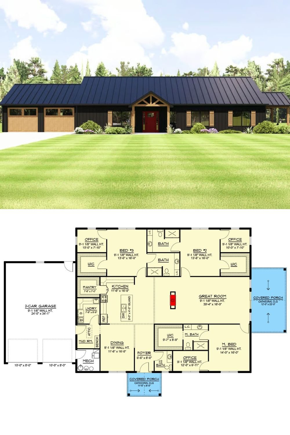 3-Bedroom Modern Barndominium with Open Living Space and Double Garage (Floor Plan)