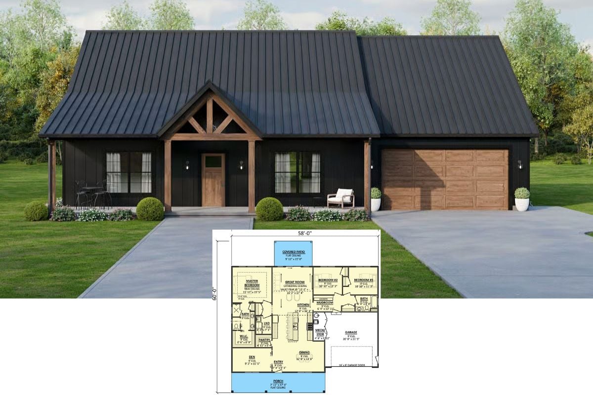 3-Bedroom Modern Farmhouse with Covered Porch and Double Garage (Floor Plan)
