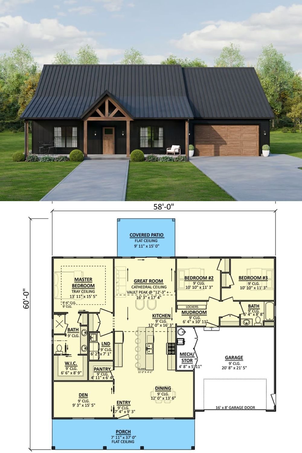 3-Bedroom Modern Farmhouse with Covered Porch and Double Garage (Floor Plan)
